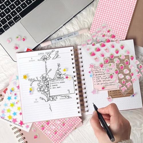 Strawberry & Star Sticker Kawaii Set - 3 Sheets Funny Decals Cute Pink Decorative Stickers for Journaling, Scrapbooking Laptop Phone Case Album Luggage Skateboard Water Bottles