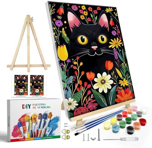 JOOZ Paint by Numbers Kit for Adults with Frame, Black Cat Paint by Number with Easel, DIY Flowers Oil Painting by Numbers Black Cat, Easy Adult Paint by Number Kits Canvas for Wall Decor 8x12 Inch