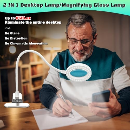 10X Magnifying Glass with Light and Stand,Hands Free Clip on Magnifier Lamp