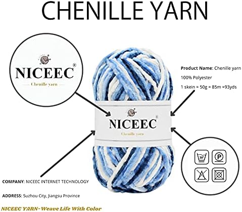 NICEEC 2 Skeins Soft Chenille Yarn 2 x255m (2X 279yds, 3X 150g)_Blue White