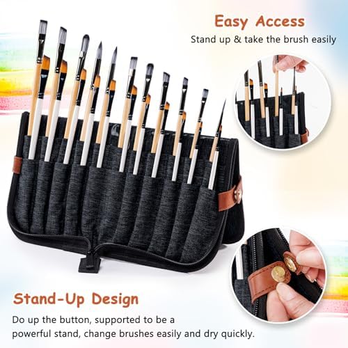 Paint Brush Holder Case for Artists with 22 Slots, Brush Organizer with Pop-Up Stand, Travel Paintbrush Storage Bag for Acrylic Oil Watercolor, Zippered Art Brush Cover (Brushes Not Included)
