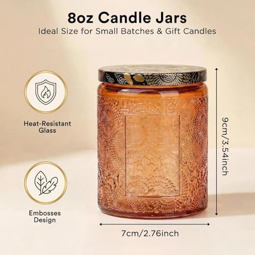 LumaCraft Luxury Embossed Glass Candle Jars for Making Candles - 12 Pack 8oz Empty Candle Containers with Airtight Metal Lids, 20 Wicks & 20 Stickers, Colored Glass Jars for Gifts & Decor