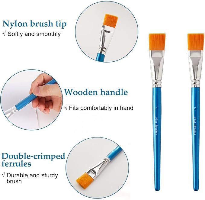 1 Inch Flat Paint Brushes for Acrylic Painting, 6Pcs Synthetic Nylon Hair Paint Brushes Bulk with Wooden Handle for Acrylic Watercolor Oil Detail Painting (Blue, 6 Pcs)