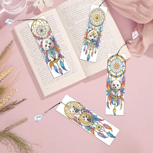 4 Pcs Diamond Painting Bookmarks, White Bear and Lion Dreamcatcher DIY Diamond Art Kits for Adults, Rhinestone Drill Crafts Bookmarks with Tassel for Graduation Birthday Gifts