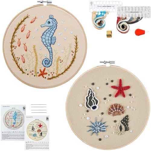 Beach Embroidery Kits for Beginners Adults, Coastal Hand Embroidery Set Needlepoint Kits, Stamped Cross Stitch Kits for Beginners Adults, 2 Embroidery Hoops, Fabric, Thread (Attached Video Tutorial)
