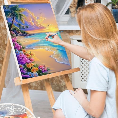 Bowetile Framed Paint by Numbers Sea for Adults Beginners, Adults' Paint-by-Number Landscape Kits, Easy Adult Paint by Number Kits on Canvas, Acrylic Number Painting for Home Decor, 8x12in