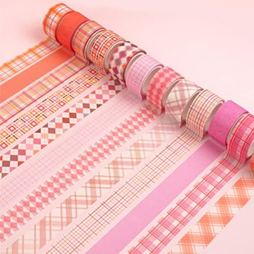 Basic Grid Washi Tape Set 12 Rolls Plaid Decorative Masking Tapes for Arts, DIY Crafts, Journals, Planners, Scrapbook, Wrapping (Pink)