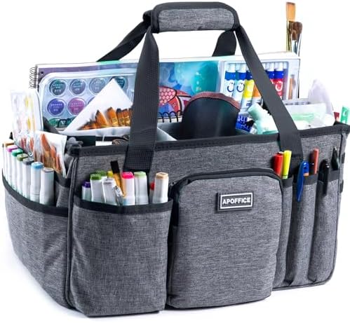 APOFFICE Art Supply Organizer Tote Bag – Craft Caddy with Handle, Utility Storage Tote with Multiple Pockets & Adjustable Divider for Stationary, Sewing, Scrapbooking, School, Office, Medical Supplies