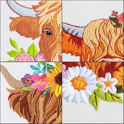Louise Maelys 3 Set Highland Cow Embroidery Kit for Beginners Floral