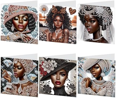 6 Pcs 5D Rhinestone Painting Greeting Cards Kits, Handmade Festival Greeting Cards with Envelopes Laser Effect DIY Diamond Art Crafts Birthday Cards for Birthdays Celebrations (Elegant African)