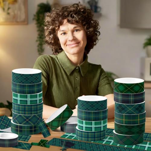 Green Plaid Washi Tape Set - 12 Rolls Decorative Masking Tape for Journal