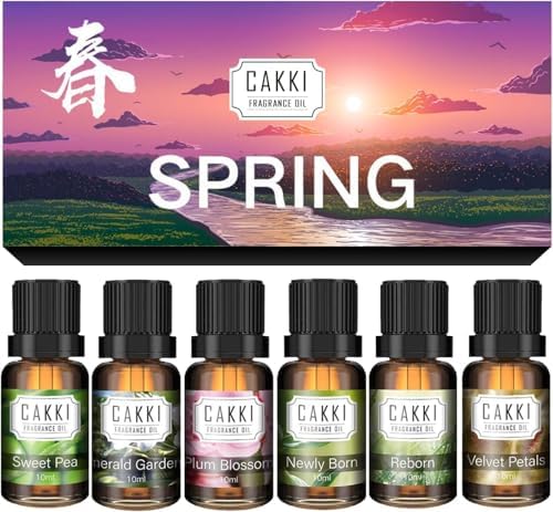 CAKKI Essential Oils for Diffusers for Home,Spring Fragrance Oils Set of 6x10ml, Sweet Pea,Emerald Gardenia,Plum Blossom,Newly Born,Reborn,Velvet Petals,Aromatherapy Oils,for Candles Making
