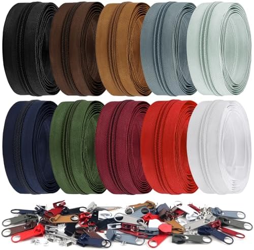DOITEM 22.2 Yards/ 20 m 10 Pieces Assorted Colors #5 Nylon Coil Zippers, Sewing Zippers Endless Zips with 40 Pieces Zipper Sliders Zip Heads for DIY Sewing Tailor Craft Supplies