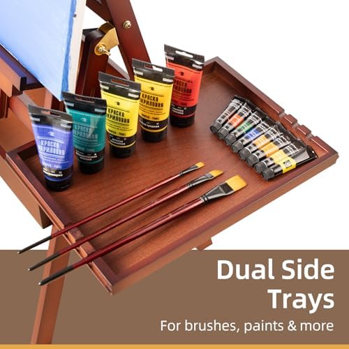 Horizontal Beechwood Studio Easel with Drawer and Palettes, Walnut | H-Frame Solid Wooden Painting Easel for Students, Beginners, and Artists, Hold Canvas to 50Inches High