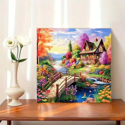 House Diamond Art Painting Kits for Adults,Stream Landscape 5D Round Full Drill Diamond Art Kits for Adults,DIY Flower Diamond Dot Painting Gem Art Kits for Adult,Home Wall Decor 13.79 X 13.79Inch