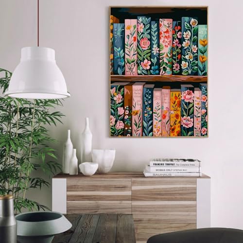pchmcu Bookshelf Paint by Numbers for Adults - Books Adults Paint by Numbers Kits, DIY Easy Acrylic Paint by Number on Canvas, Painting Art Kits for Home Decor 16x20 Inch