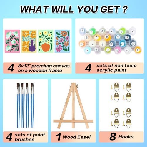 4 Pack Framed Flowers Paint by Numbers Kits for Adults with Easel (8x12in)