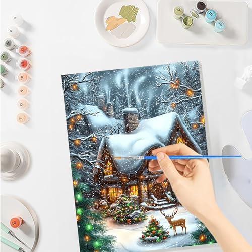 SENQAO Christmas Paint by Numbers for Adults Framed, Christmas House Adults' Paint-by-Number Kits, Adult Paint by Number Kits on Canvas, Acrylic Number Painting for Home Decor, 8x12in