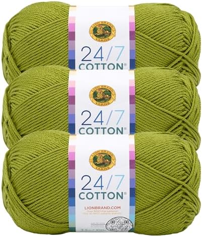 Lion Brand Yarn, 24/7 Cotton Yarn, Granny Smith, Green, 3 Pack
