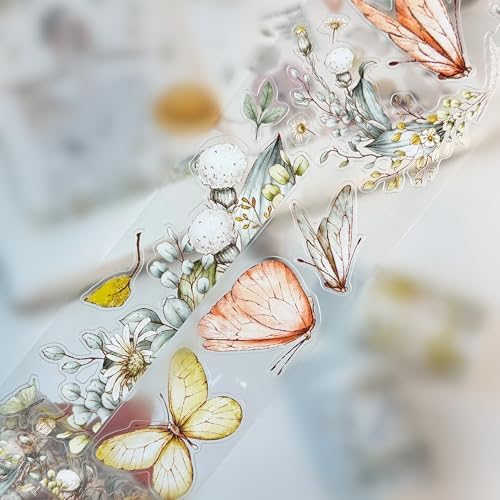 WT Pre-Cut Zephyr Bloom Wide PET Tape, Single Roll, Original Designs, Wildflower & Butterfly Motifs, Transparent Decorative Tape for Journaling, Planner & DIY Crafts, 60mm x 5m