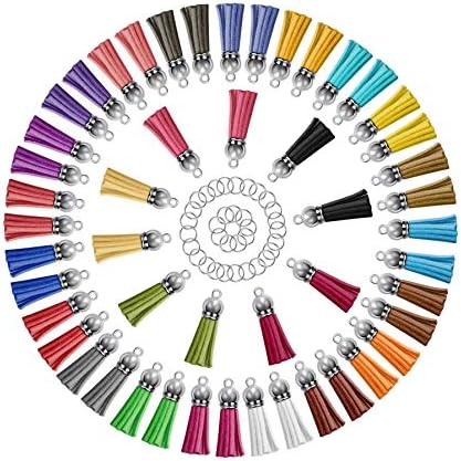 PAXCOO Tassels for Jewelry Making, 50pcs Leather Tassel Keychain Charms Bulk with 50pcs Jump Rings for Bracelets, Acrylic Key Chain Blanks and Craft Supplies