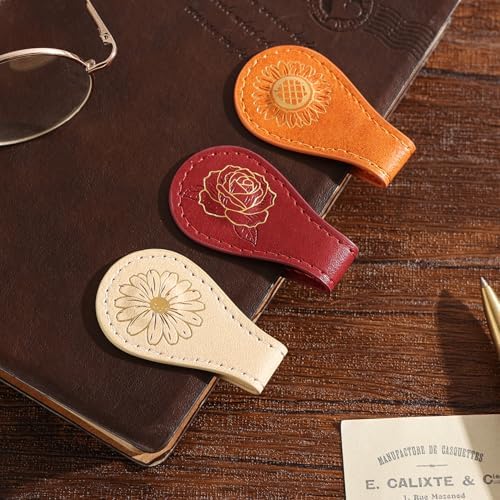 3PCS Vintage Magnetic Leather Bookmark, Leather Magnetic Bookmarks for Women, Magnetic PU Bookmarks Clip Book Accessories, Gilded Flower