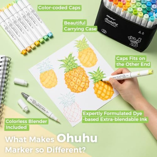 Ohuhu Alcohol Markers Brush& Fine 72 Colors for Adults Coloring Refillable | AP Certified Art Marker Set, Dual Tips Alcohol-based for Artists Beginners Drawing Illustration Sketching, Honolulu 2B