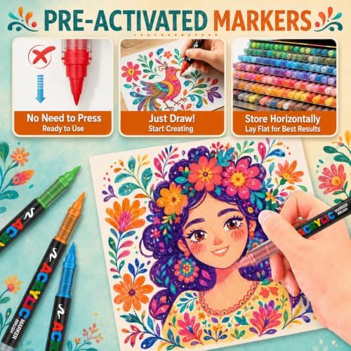 72 Colors Soft Brush Tip Acrylic Markers Set, Paint Pens for Rock, Wood, Fabric, Canvas, Glass, DIY Crafts, Waterproof Paint Markers, Vibrant Acrylic Pens for Artists and Art Projects