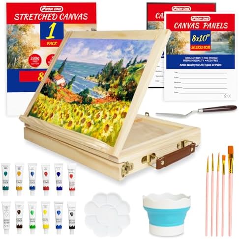 Portable Tabletop Easel Set 24-Piece Acrylic Paints Brushes Canvases