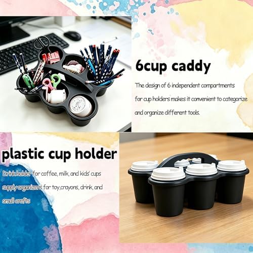 6 Pack Classroom Caddy Organizer with Handle Black Plastic Table Caddy 6 Compartments Storage Cup Holder for School Supplies Art Crafts Crayons Pencils Stackable Desk Caddy for Office Home