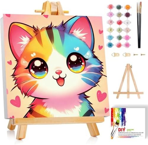 Gemozaic Cat Paint by Numbers Kit for Kids with Frame and Easel, 8 x 8 in