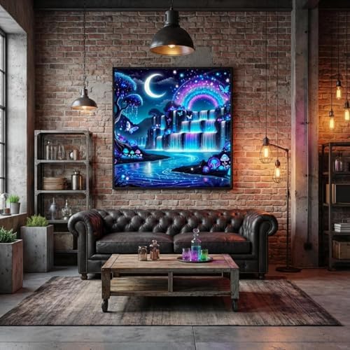 Diamond Art Kits for Adults, Waterfall Moon Diamond Painting Kit for Adults Beginners, Fantasy Rainbow Landscape Round Full Drill Diamond Dots DIY Gem Art Painting KIts for Home Decor 14 X 14 Inch