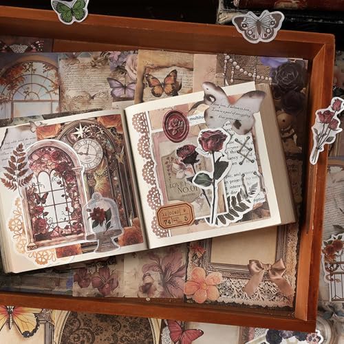 200PCS Vintage Scrapbook Paper Journaling Scrapbooking Supplies Kit Retro Decorative Craft Paper Assorted for Bullet Junk Journals Card Making Craft DIY, Butterfly Waltz