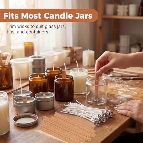 150Pcs Wooden Candle Wicks Kit, 100 Cotton and 50 Cherry Wood Wicks, DIY Candle Making Kit for Soy and Beeswax, Include Complete Tools (Wick Holders, Wick Clips, Wick Stickers)