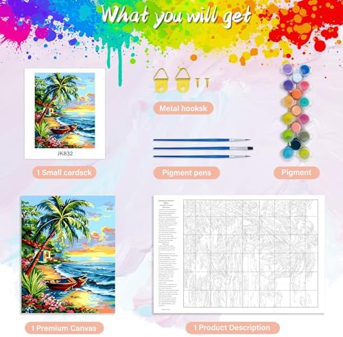 Yunnuo Landscape Paint by Numbers Kit for Adults Beginner,Beach Adult Paint by Numbers on Canvas with Acrylic Paint and 3 Brush,Cottage-Wooden Boat Painting by Numbers for Home Decor Gifts(20x16 inch)