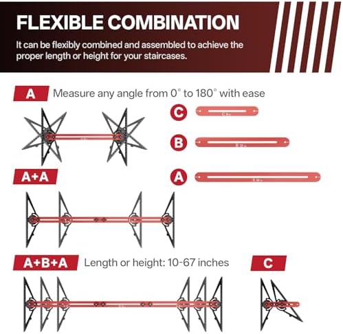 Stair Tread Template Tool, 10" to 67" Adjustable Aluminum Stair Tread Jig, Precision Angle Length Depth Measuring Gauge Tool for Floors Cabinets Woodworking Construction,Includes Storage Bag