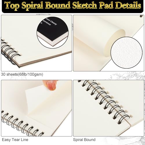 Humyoun 36 Pcs Top Spiral Bound Sketch Pad with Drawing Pencils Set, 5.5 x 8.5 Inch Sketchbook, 68lb(100gsm) Thick Paper, Charcoal & Graphite Pencils (12B-4H) for Shading, Artists & Beginners
