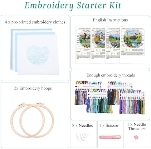 Harimau Adult Beginner Embroidery Starter Kit Natural Landscape Patterns, Complete Set with 4 Patterns, 2 Hoops, Needles, Scissors, Instruction Guide & Stitching Video Tutorials
