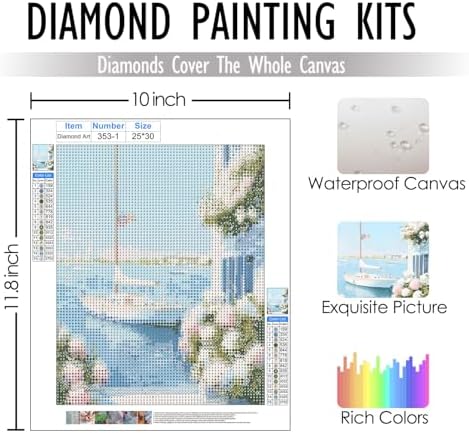 RLTXBUK 2 Pack Nantucket Coastal Beach Diamond Art Kits, Preppy Summer Blue Pink Hydrangea Sailboat East Coast Landscape Gem Diamond Painting Art Kits for Adults Kids Beginners, 9.8x11.8 Inch