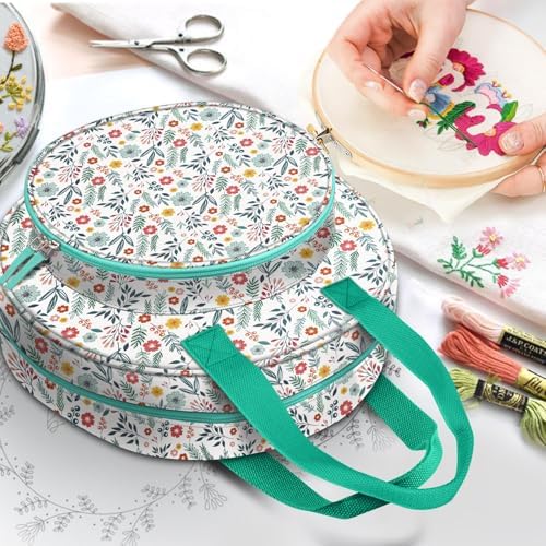 FINPAC Embroidery Project Bag, Embroidery Supplies Storage Carrying Tote Case with Multiple Pockets for Floss, Hoops, Thread, Stitch Tools Kit [Bag Only], Spring Bloom