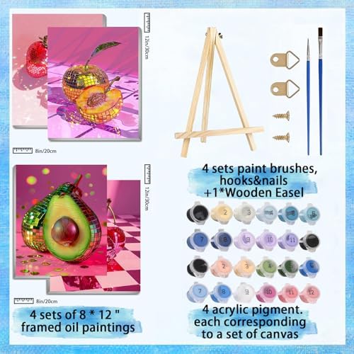 4 Pack Disco Fruits Paint by Numbers for Adults with Framed Canvas 8x12inch