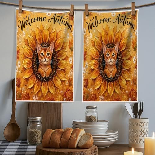 Oil Painting Fall Abyssinian Cat Kitchen Hand Dish Towels Set of 2, Autumn Sunflower Maple Leaf Pattern Quick Dry Dishcloths, Cool Housewarming Gift for Home Cooking Kitchen Bathroom