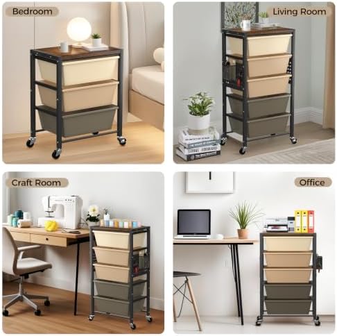 Rolling Cart with 3 Drawers, Plastic Drawer Storage Carts with Lockable Wheels & Wooden Tabletop, Metal Utility Cart Organizer, Office Bedroom Classroom Craft Organization and Storage, Dark Brown