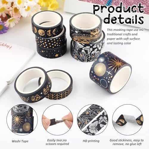 9 Rolls Mystic Gold Washi Tape Set,Gold Foil Vintage Black Pattern Decorative Tape,Butterfly Star Moon Decorative Masking Tapes for DIY Scrapbook Design Journaling Handbook Making Card Wrap Craft Gift