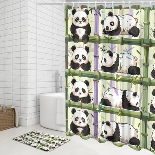 Funny Cartoon Baby Panda 4 Piece Shower Curtain Sets,Abstract Cute Panda Bears Non-Slip Rugs,Toilet Lid Cover and Bath Mat,Spring Forest Japanese Bamboo Print Bathroom Decor Set