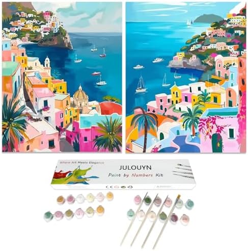 JULOUYN 2 Pack Paint by Numbers Kit for Adults Italy Amalfi Coast,16x20 in | Easy to piant for beginners elderly, DIY art, with Magnifying glass, Relaxing & Stress relief, canvas, Home wall decor