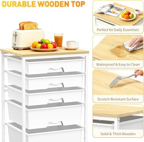 SUNALLY Rolling Carts With 5 Drawers, Storage Drawer Carts for Craft, White | Rolling Utility Cart with Wooden Tabletop & 2 Lockable Wheels, Teacher Storage Cart for Classroom School, Makeup, Nail, Art