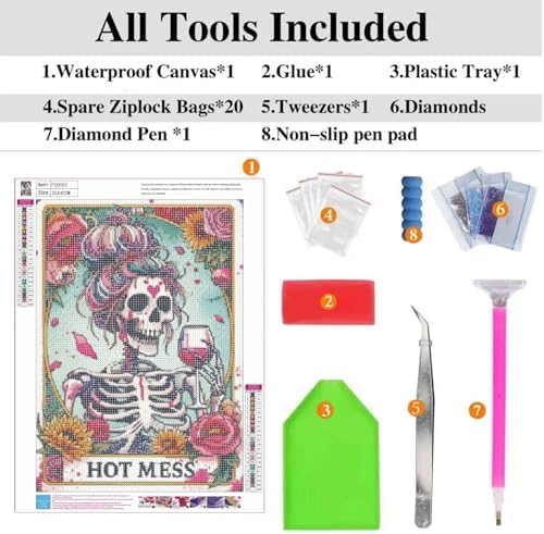 ckdiluy 5D Diamond Art Painting Kit, Hot Mess Floral Skull Design, Full Drill Round Crystal Paint with Accessories, DIY Wall Home Decor, Adult Crafts Gift 12x16 Inch