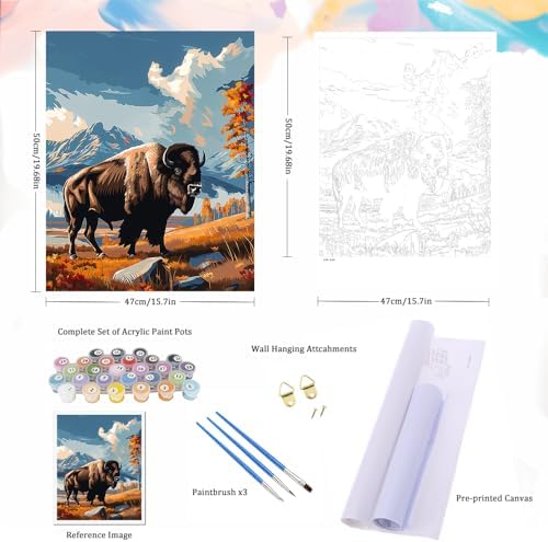 Natuyalo Paint by Numbers for Adults Beginner, Bison Acrylic Easy Paint by Numbers Kits Animal Craft Kits for Adults Suitable for Home Wall Decoration Flameless 16x20 Inch