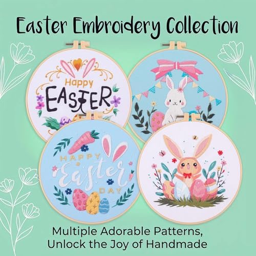 Harimau Adult Beginner Embroidery Starter Kit, Complete Set with 4 Patterns, 2 Hoops, Needles, Scissors, Instruction Guide & Stitching Video Tutorials